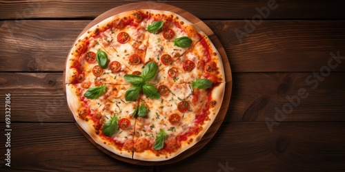 Top-down view of Margherita pizza on wooden background, with space for text.