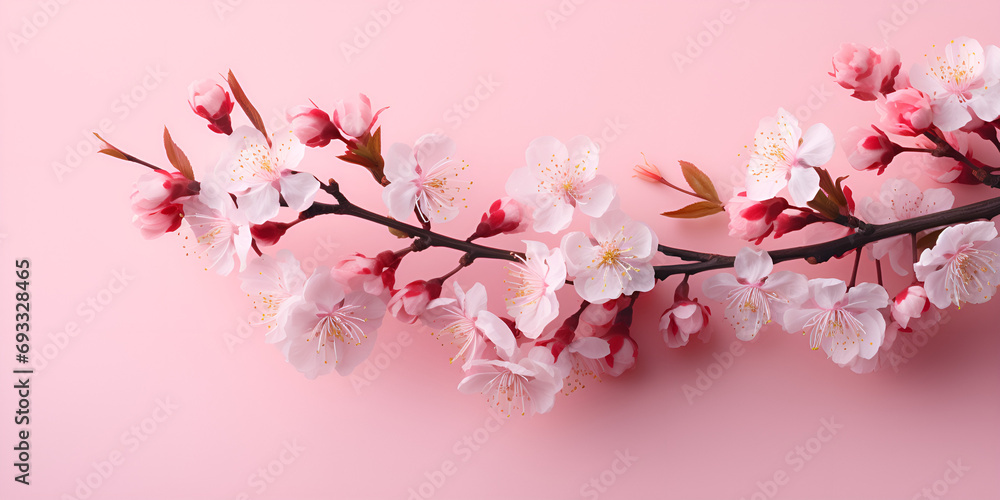 Pink blossoms on a pink background,  Pink cherry flowers on paper surface, Pink spring flowers of an apple tree on a black background for a mockup