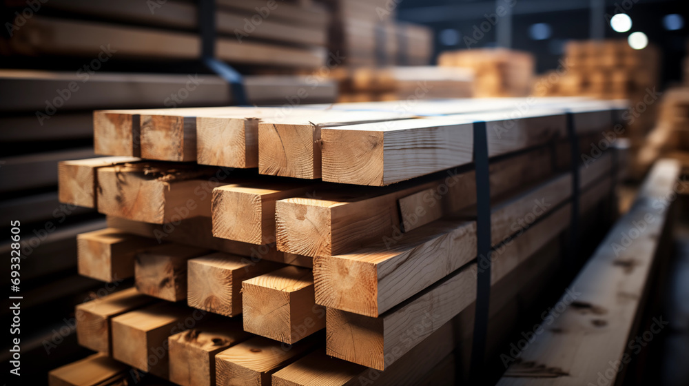 wood planks. Stacks of planks, building materials warehouse - obrazy, fototapety, plakaty 