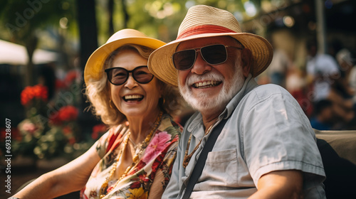 an elderly couple in hats traveling. Portrait of smiling pensioners while traveling. Concept of active lifestyle in old age