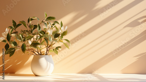minimalistic beige background, place for text, flower in a pot on the background of beige wall, sun from the window, shadow from the flower