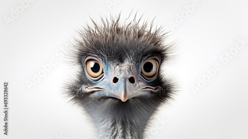 an emu, showcasing its majestic stature and curious gaze, against a pure white backdrop.