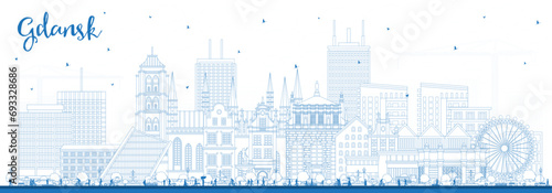 Outline Gdansk Poland city skyline with blue buildings. Gdansk cityscape with landmarks. Business travel and tourism concept with modern and historic architecture.