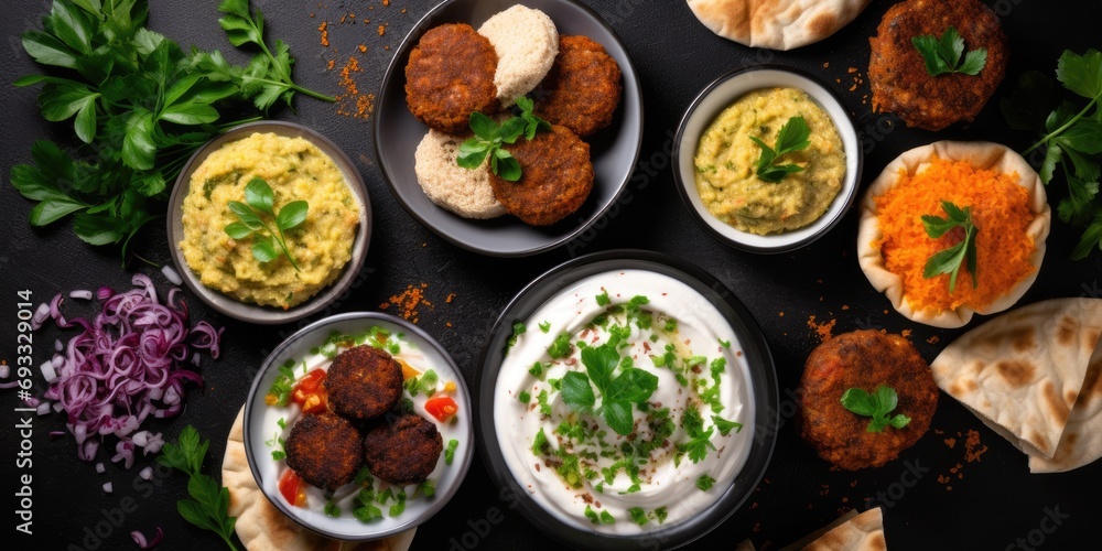 Assorted Middle Eastern dishes and meze on a dark background. Meat kebab, falafel, baba ghanoush, hummus, rice with veggies, tahini, kibbeh, pita. Halal cuisine. Space for text. Top view. Assorted Middle Eastern dishes and meze on a dark background. Meat kebab, falafel, baba ghanoush, hummus, rice with veggies, tahini, kibbeh, pita. Halal cuisine. Space for text. Top view.