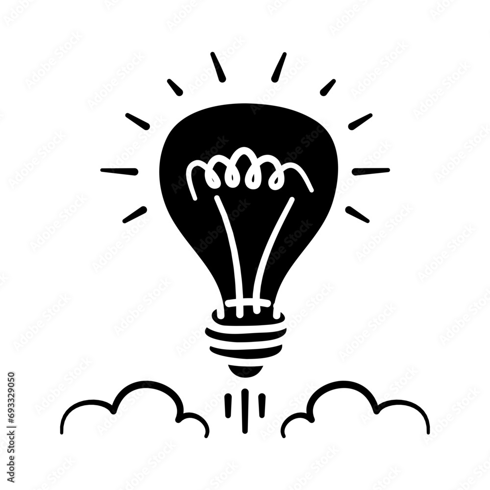The incandescent light bulb was launched, signaling a brilliant idea. Startup icon in hand-drawn style The incandescent light bulb was launched, signaling a brilliant idea. Startup icon in hand-drawn style