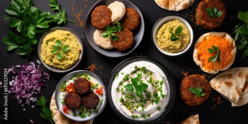 Assorted Middle Eastern dishes and meze on a dark background. Meat kebab, falafel, baba ghanoush, hummus, rice with veggies, tahini, kibbeh, pita. Halal cuisine. Space for text. Top view.