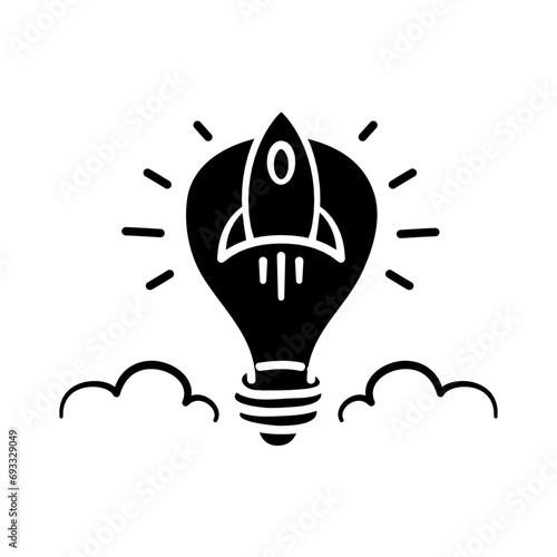 Rocket launch icon in hand-drawn style. 
Startup product launch. Rocket ships and incandescent light bulbs are being launched