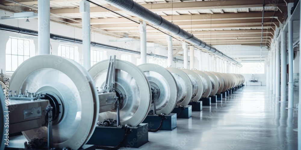 A modern factory with large white wheels in motion, symbolizing industry and innovation. Generative AI. A modern factory with large white wheels in motion, symbolizing industry and innovation. Generative AI.