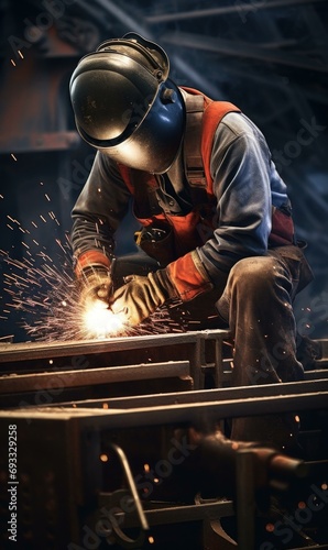 A skilled welding technician showcases their craftsmanship on a large vessel in a shipyard, surrounded by sparks. Generative AI.