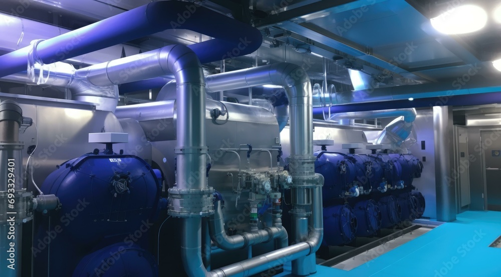 A high-tech waste heat recovery room, utilizing blue pipes and valves to repurpose excess engine heat for energy efficiency. Generative AI. A high-tech waste heat recovery room, utilizing blue pipes and valves to repurpose excess engine heat for energy efficiency. Generative AI.