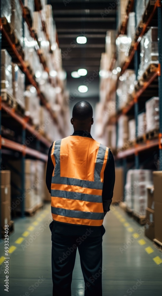 A logistics specialist in an orange vest stands in a warehouse, optimizing supply chain operations to ensure efficient product distribution. Generative AI.