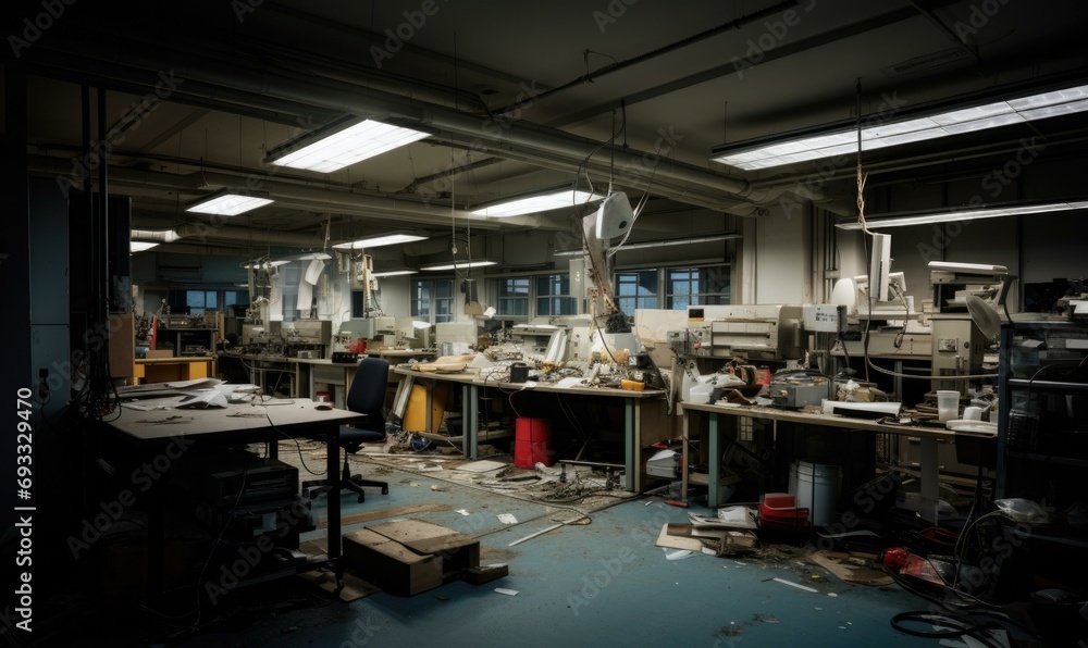 An abandoned electronics assembly room, filled with clutter and forgotten tools. A stark contrast to its high-tech purpose. Generative AI.
