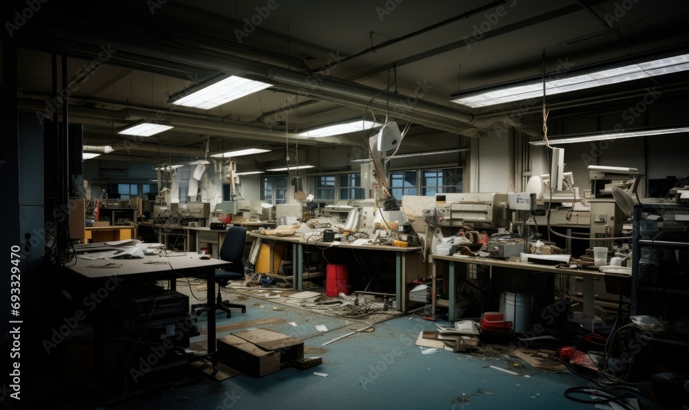 Fototapeta premium An abandoned electronics assembly room, filled with clutter and forgotten tools. A stark contrast to its high-tech purpose. Generative AI.