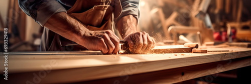 Carpenter's hands at work, custom order, demonstrating woodworking skills. photo