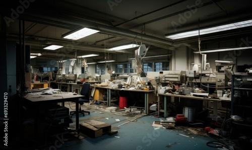 An abandoned electronics assembly room, filled with clutter and forgotten tools. A stark contrast to its high-tech purpose. Generative AI.