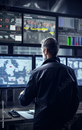 A chemical plant operator monitors multiple screens, ensuring smooth production processes. The complexity and responsibility are evident. Generative AI.
