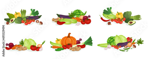 Fresh healthy vegetables banners. Compositions of farm product asparagus, artichoke, leek. Collection organic eco farm product for restaurant menu, market, label. Flat vector illustrations