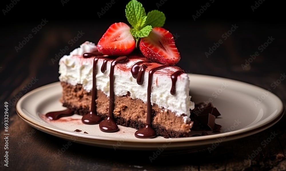 A piece of cake on a plate with chocolate sauce and strawberries A piece of cake on a plate with chocolate sauce and strawberries