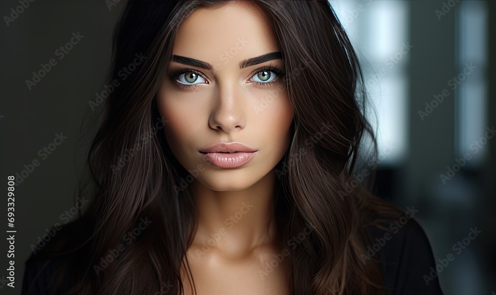 A woman with long brown hair is posing for a picture A woman with long brown hair is posing for a picture