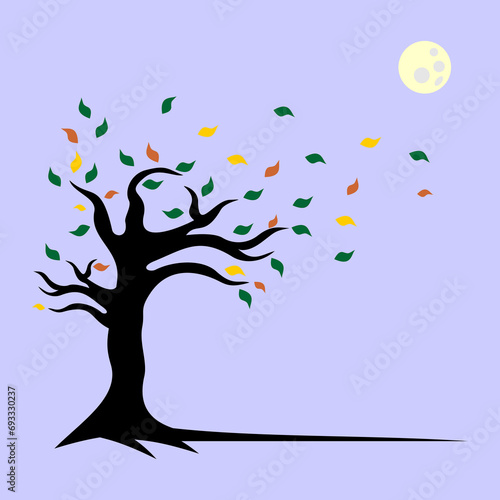 Black silhouette of a tree trunk with twigs and colorful fallen leaves. Suitable for backgrounds, designs, wallpapers. Vector Illustrations