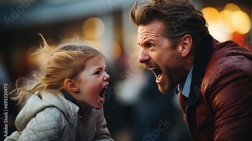 Close View of A Young Adult Man and A little Girl Shouting at Each Other photo