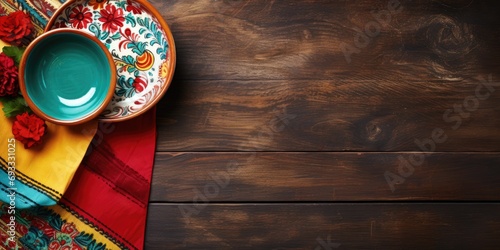 Mexican-themed table top view with rustic wooden table and empty mud dish, decorated with traditional fabric. photo