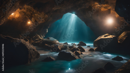 Glowing hidden magical cave tunnel photo