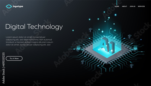 Abstract web page template for digital technology or blockchain on dark stylish background. Isometric vector illustration with artificial intelligence and processor. Network infrastructure. (ID: 693331235)