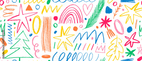 Colored seamless banner design with charcoal Christmas shapes. Childish or funny sketches.