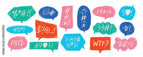Set of colorful comic speech bubbles with swear words. Hand drawn charcoal speech bubble.