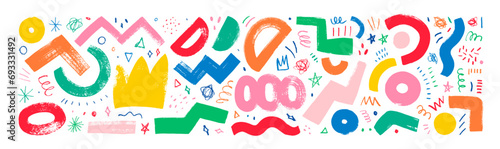 Colorful childish Memphis style geometric brush strokes and charcoal doodles collection for collages.