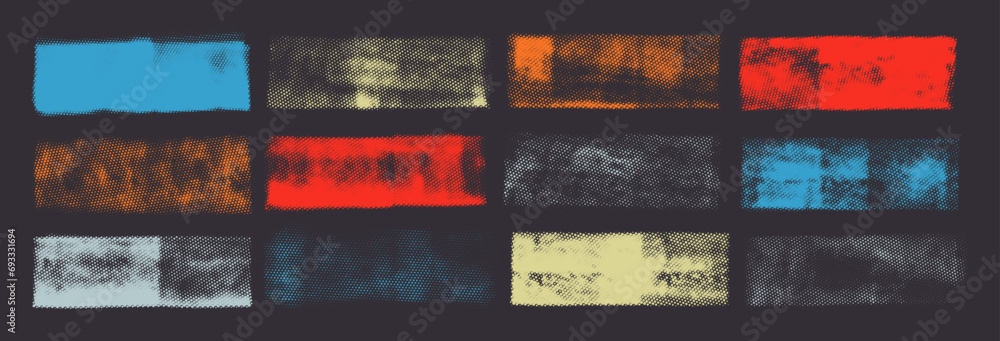 Obraz premium Set of grunge colorful halftone banners. Noise destroyed geometric shapes.