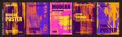 Pink and purple halftone textures with yellow grunge strokes. Vector grunge overlay posters with typography.