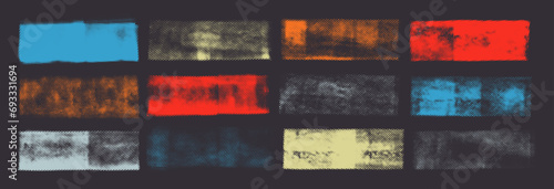 Set of grunge colorful halftone banners. Noise destroyed geometric shapes. photo