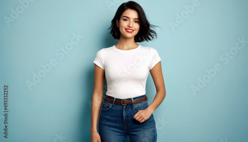 Young smiling brunette woman 20 years old in a white T-shirt and jeans on a blue background