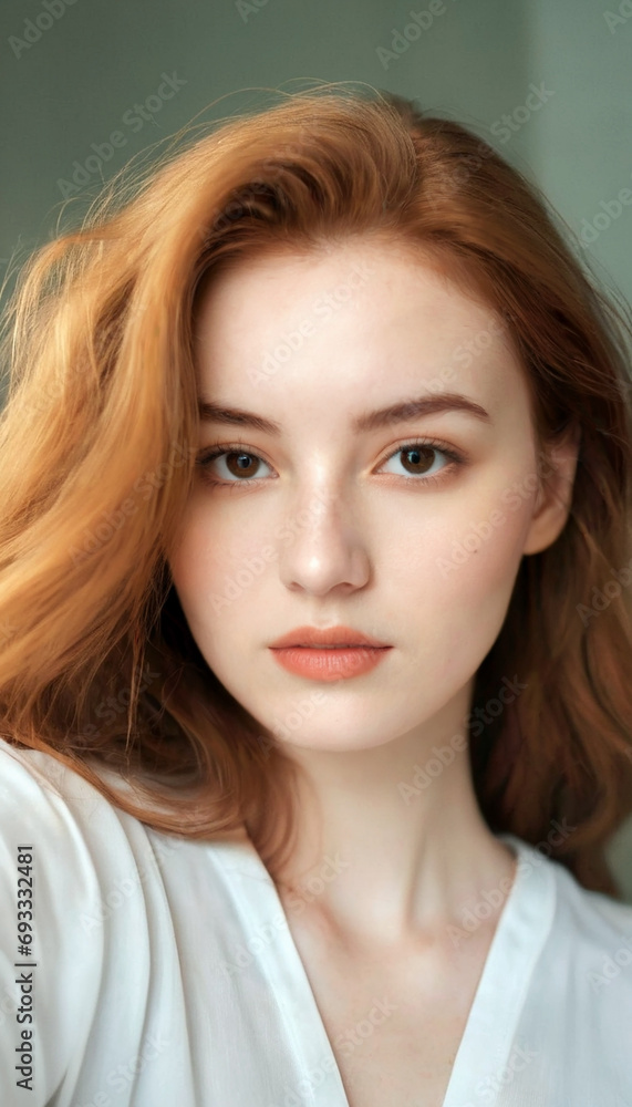 Naklejka premium Young red-haired curvy woman 20 years old in lingerie in a bedroom interior at home