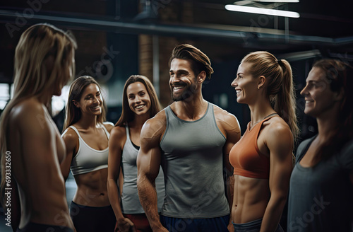 happy tan muscular group of friends taking a picture at the gym