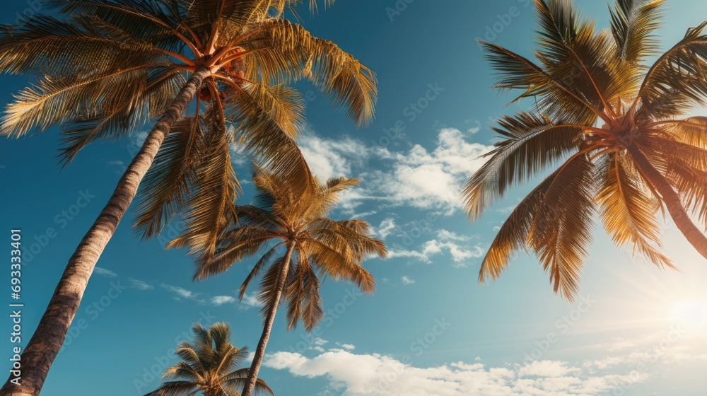 Vintage Tropical Paradise: Palm Trees and Blue Sky View from Below

