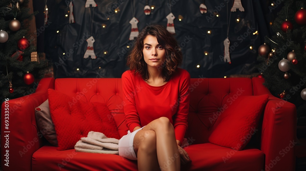 Isolated on an illuminated indoor background is a lovely, cute girlfriend with brown hair who is sitting on a comfortable couch and clutching Christmas trees. Isolated on an illuminated indoor background is a lovely, cute girlfriend with brown hair who is sitting on a comfortable couch and clutching Christmas trees.