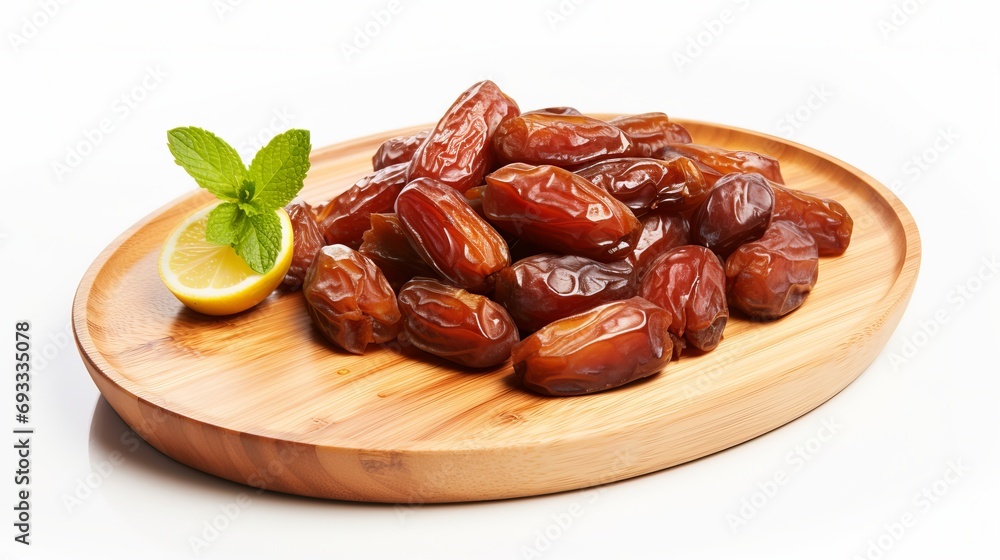 Plate with Ramadan-themed dried dates on a white background Plate with Ramadan-themed dried dates on a white background