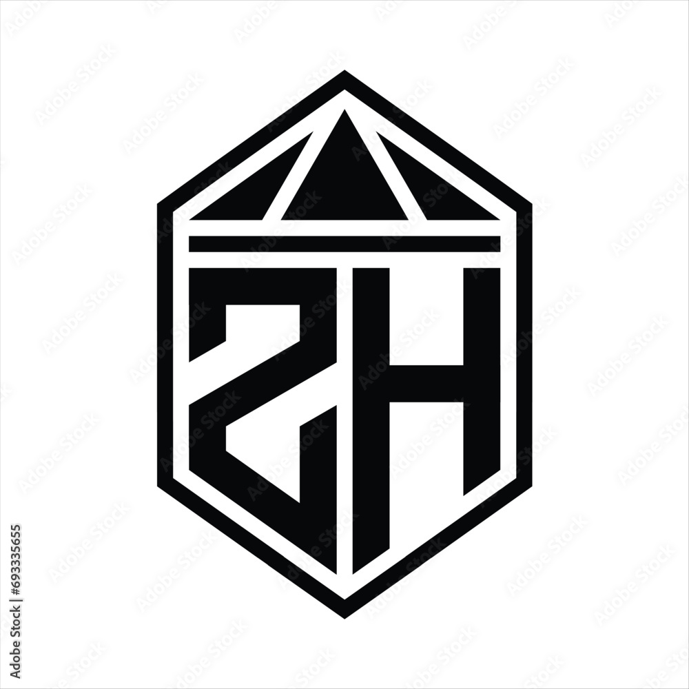 ZH Letter Logo monogram simple hexagon shield shape with triangle crown isolated style design ZH Letter Logo monogram simple hexagon shield shape with triangle crown isolated style design