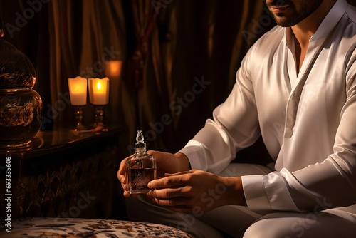 Arab man with white gamis in his room enjoy oil parfume photo