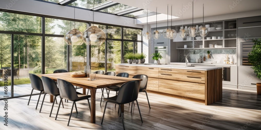 Modern kitchen with spacious windows and dining area.