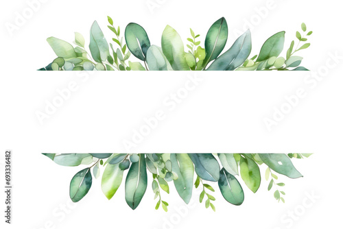 Watercolor of green floral banner with eucalyptus leaves on transparent background photo