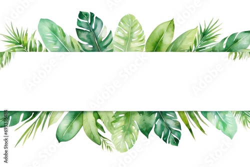 Watercolor of green floral banner with palm leaves on transparent background