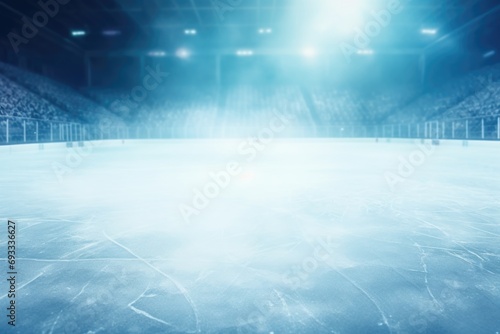 An ice hockey rink illuminated by a blue light. Perfect for sports or winter-themed projects
