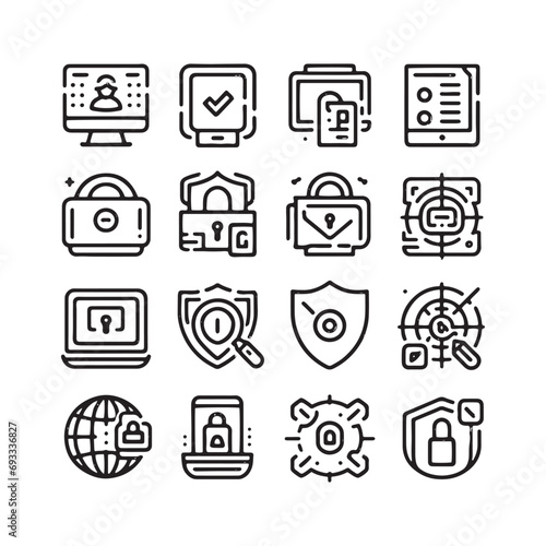 Security Icons Set - Password Protection, Bug Shield, and Secure Cloud Storage - Minimallest Security and Privacy Logo Black and White 