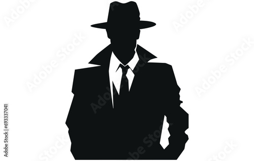 detective logo, silhouette of man wear hat and coat