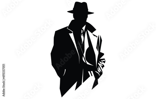 detective logo, silhouette of man wear hat and coat photo