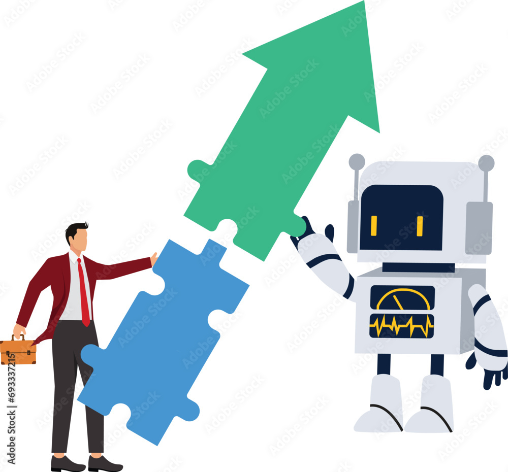 Businessman and Robot Cooperation, Businessman and Robot holding arrow jigsaw puzzle pieces